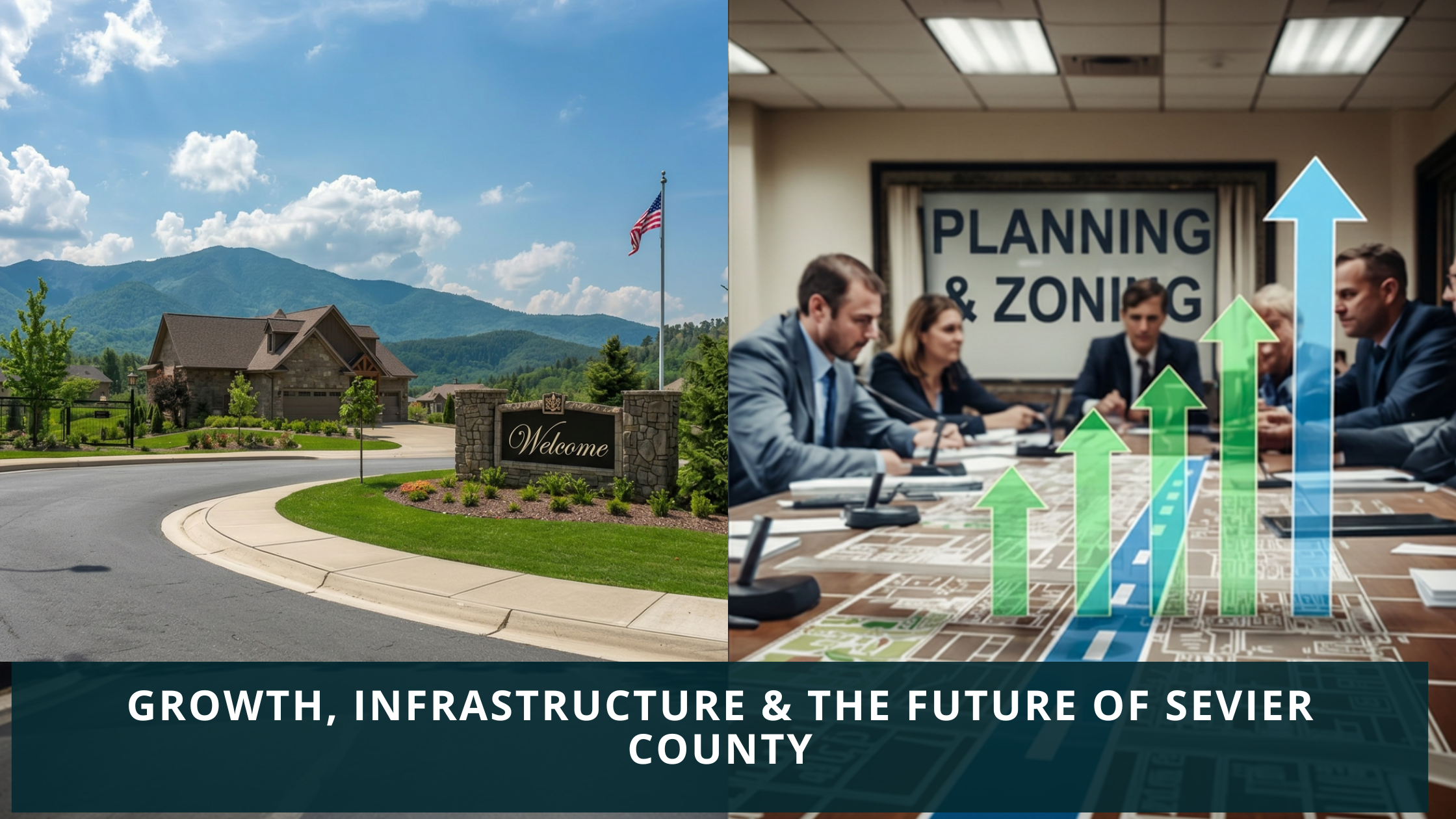 Growth, infrastructure, and planning in Sevier County Tennessee featuring a residential subdivision entrance in the Great Smoky Mountains alongside a planning and zoning meeting discussing future development and community growth.